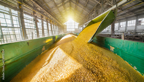 Loading process of wheat grain in elevator granary warehouse. Agro manufacturing plant equipment. Harvest time photo