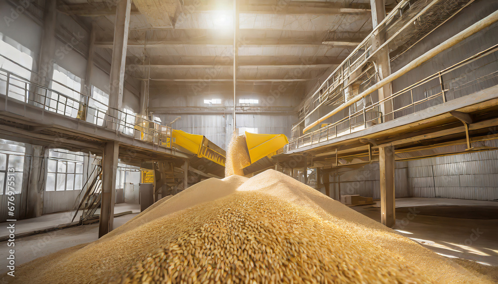 Loading process of wheat grain in elevator granary warehouse. Agro manufacturing plant equipment. Harvest time - obrazy, fototapety, plakaty 