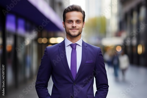 Thoughtful businessman looking at camera, smiling, one color background, generative ai