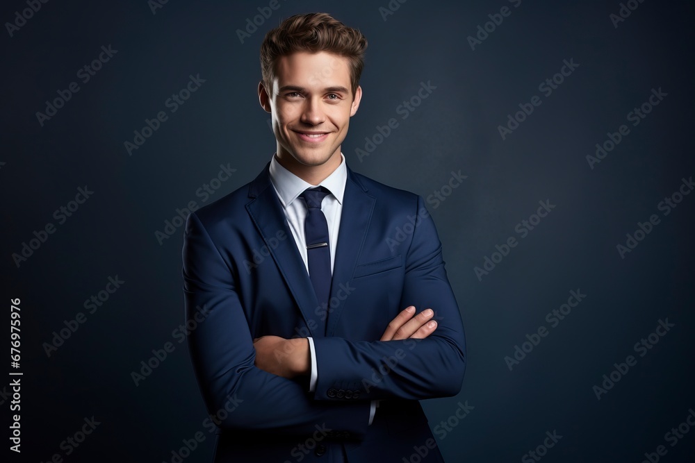 Thoughtful businessman looking at camera, smiling, one color background, generative ai Thoughtful businessman looking at camera, smiling, one color background, generative ai