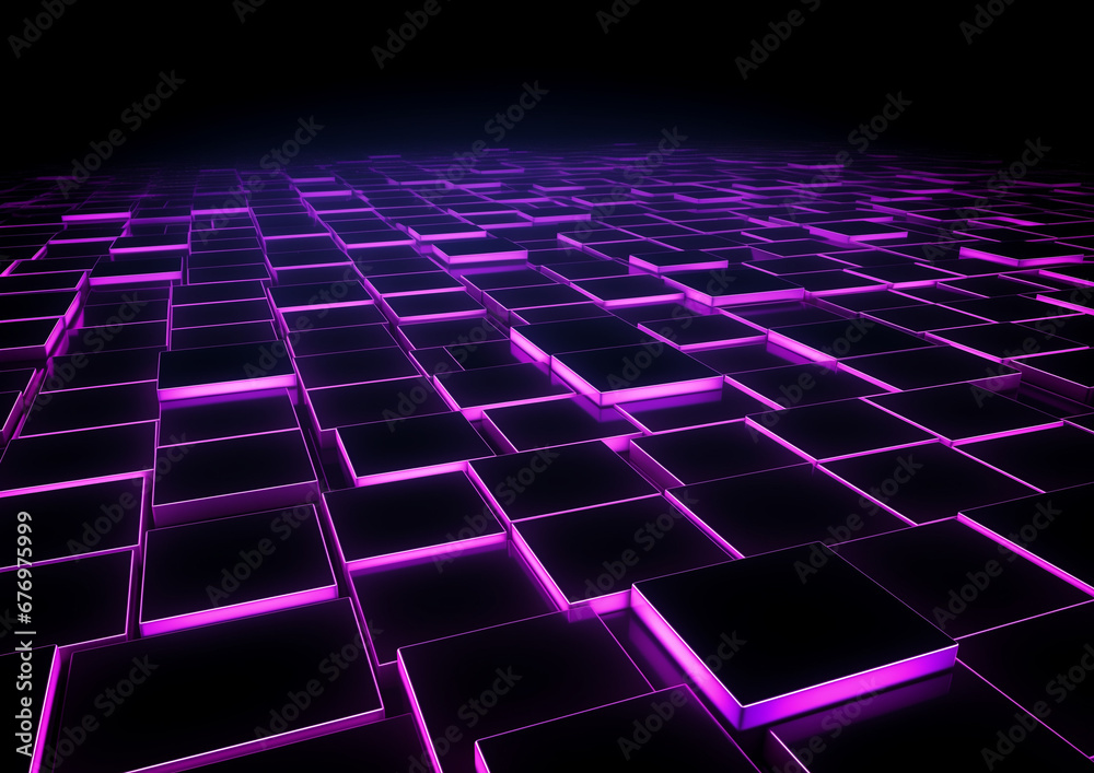 A technology background with glowing purple squares and cubes. Generative AI. 