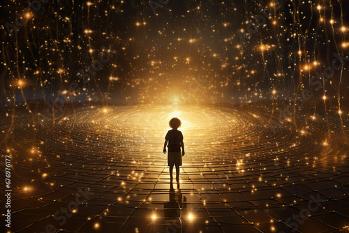 Quantum field grid of golden light particles surrounding a human child form