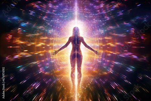 Quantum field grid of colorful light particles surrounding a human form 