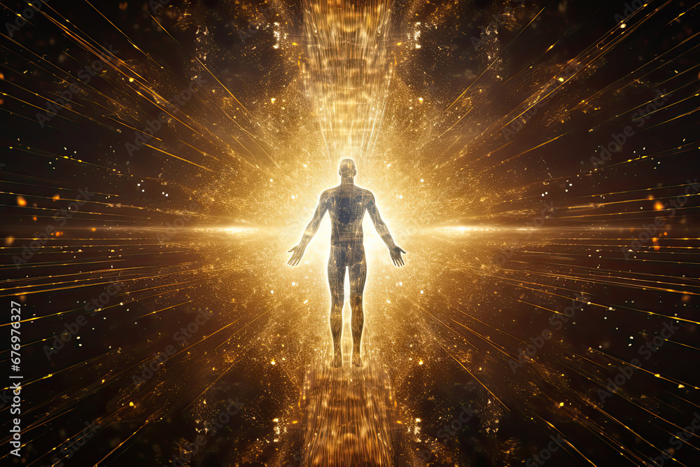 Quantum field grid of golden light particles surrounding a human form