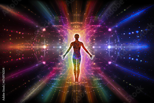 Quantum field grid of colorful light particles surrounding a human form 