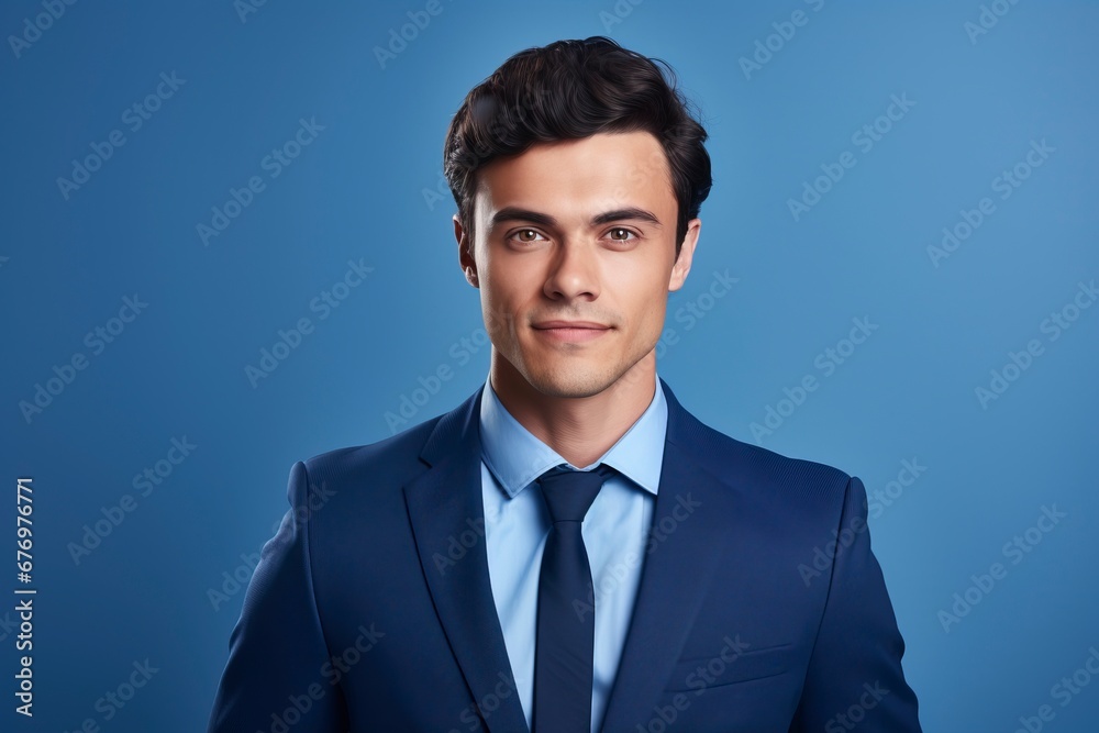 Thoughtful businessman looking at camera, smiling, one color background, generative ai Thoughtful businessman looking at camera, smiling, one color background, generative ai