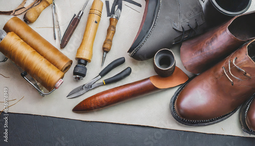 Leather shoe workshop, hand craft. Set of tools on the table