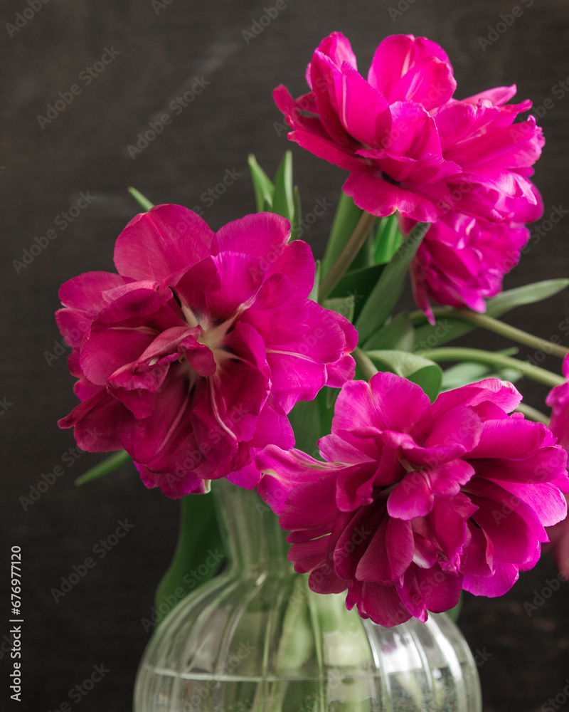 bouquet of dark red lilac tulips in glass vase on dark background. flower bouquet in vase on table. Gift interior decoration. florist, decorator. Flower shop. bouquet of dark red lilac tulips in glass vase on dark background. flower bouquet in vase on table. Gift interior decoration. florist, decorator. Flower shop.