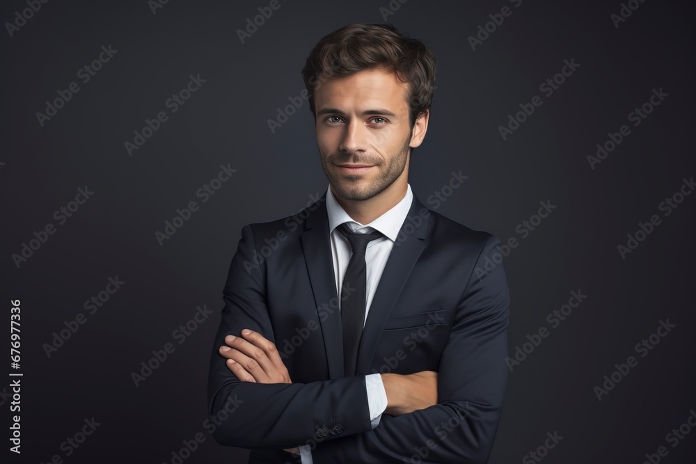 Thoughtful businessman looking at camera, smiling, one color background, generative ai Thoughtful businessman looking at camera, smiling, one color background, generative ai