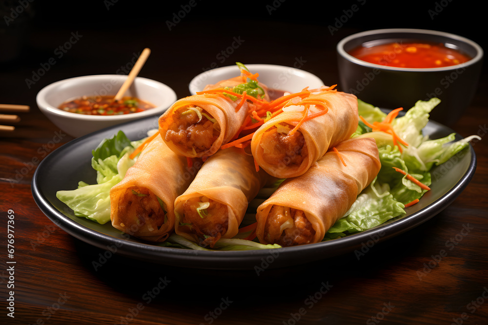 A platter of Crispy Spring Rolls, stuffed with a medley of vegetables, glass noodles, and minced chicken, served with sweet chili dipping sauce, realistic photo. Ai Generated.NO.03 A platter of Crispy Spring Rolls, stuffed with a medley of vegetables, glass noodles, and minced chicken, served with sweet chili dipping sauce, realistic photo. Ai Generated.NO.03