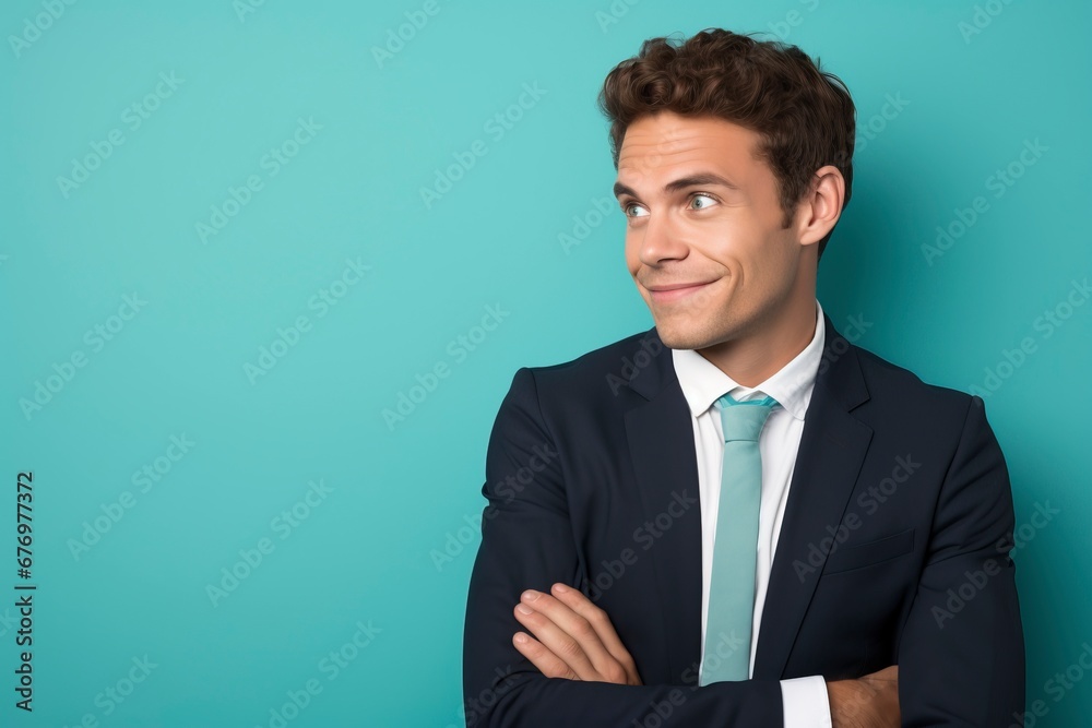 Thoughtful businessman looking at camera, smiling, one color background, generative ai Thoughtful businessman looking at camera, smiling, one color background, generative ai