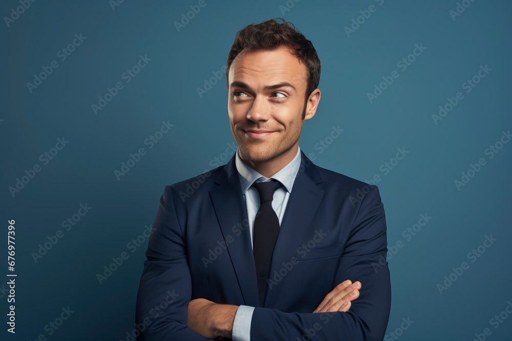 Thoughtful businessman looking at camera, smiling, one color background, generative ai Thoughtful businessman looking at camera, smiling, one color background, generative ai