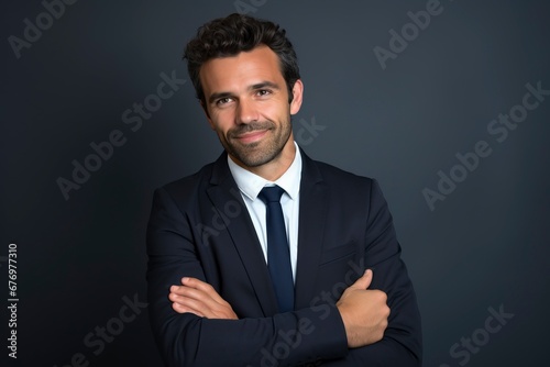 Thoughtful businessman looking at camera, smiling, one color background, generative ai