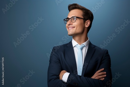 Thoughtful businessman looking at camera, smiling, one color background, generative ai