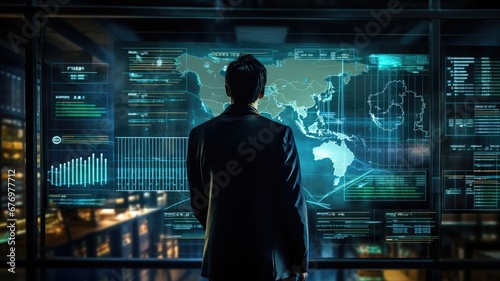 Person looking the high tech monitor screen display with the worldwide marketing chart HUD interface background.