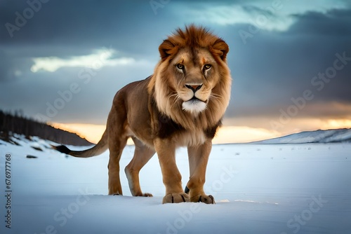 A large lion standing in front of its prey looking furiously towards us at sunset photo