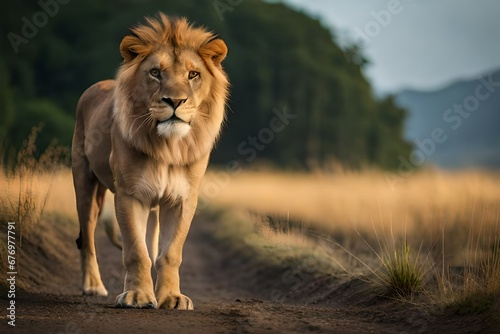 A large lion standing in front of its prey looking furiously towards us at sunset