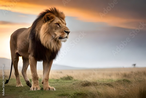A large lion standing in front of its prey looking furiously towards us at sunset