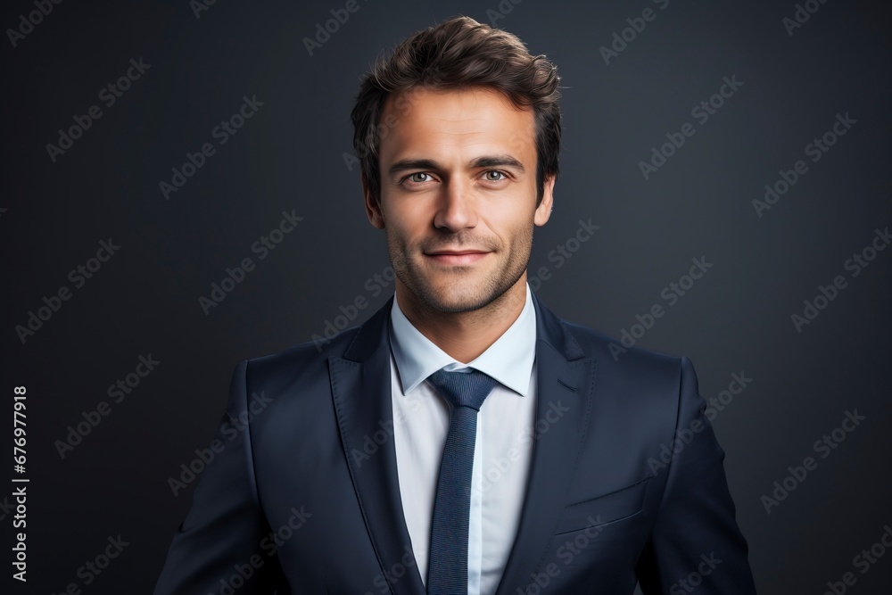 Thoughtful businessman looking at camera, smiling, one color background, generative ai Thoughtful businessman looking at camera, smiling, one color background, generative ai