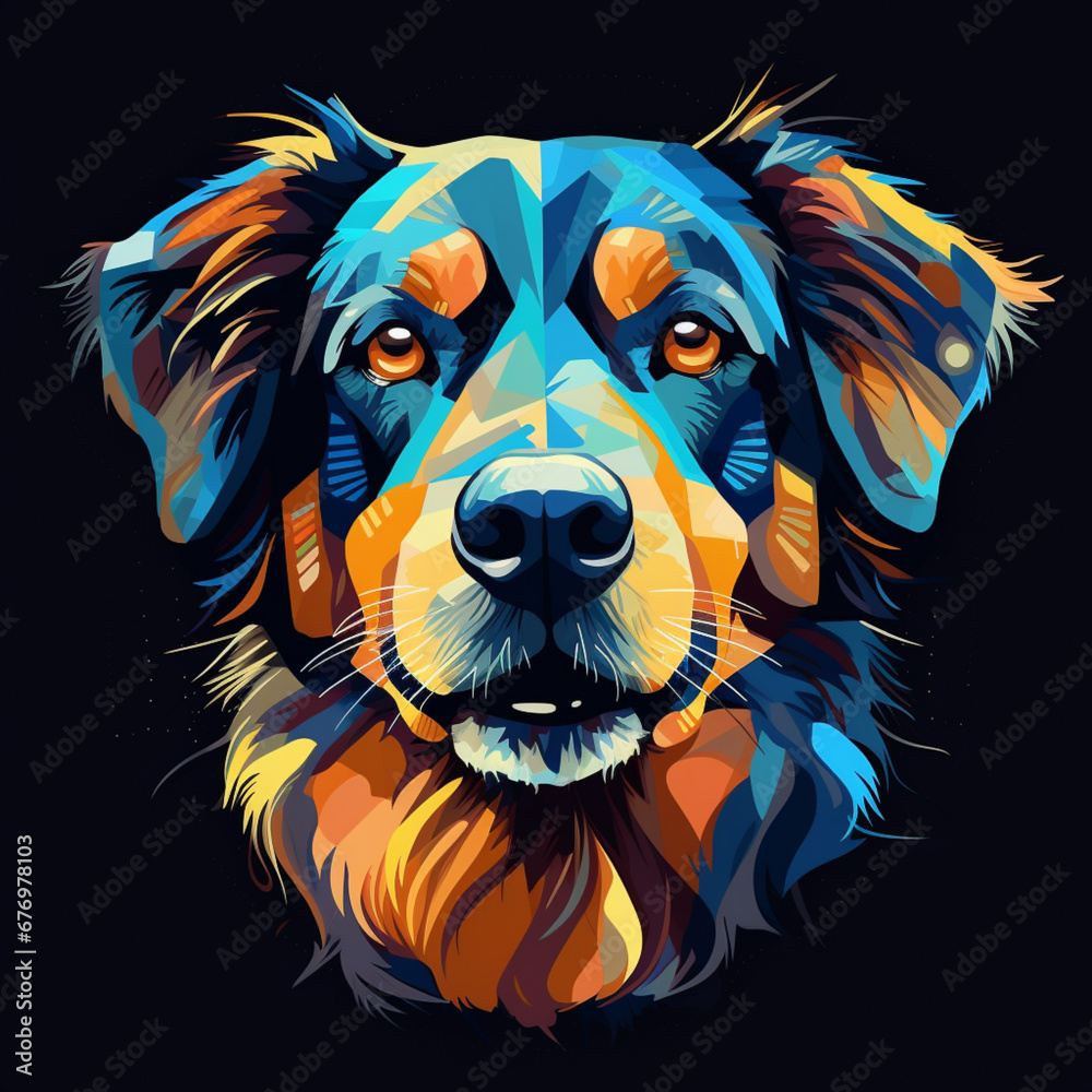a colorful dog head portrait in style of geometric and triangle shapes