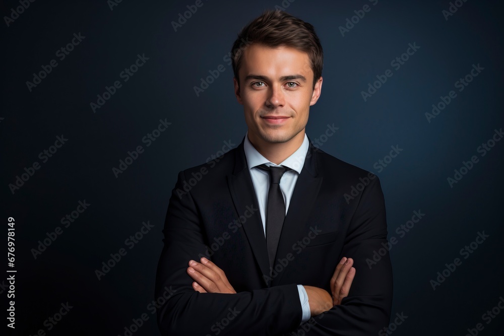 Thoughtful businessman looking at camera, smiling, one color background, generative ai Thoughtful businessman looking at camera, smiling, one color background, generative ai