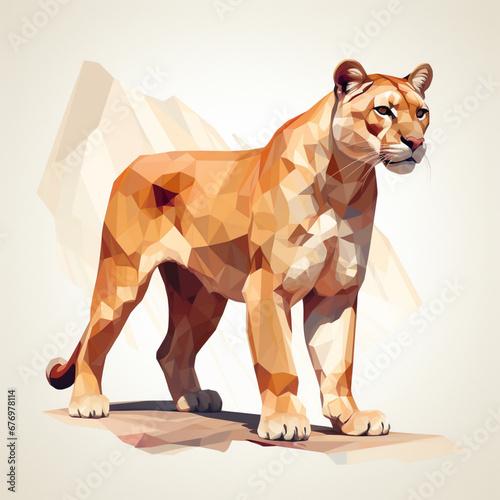 polygonal mountain lion illustration, in the style of beige and amber,
