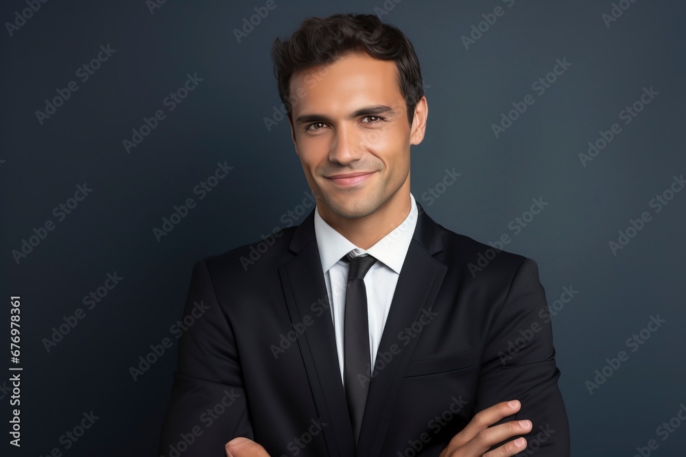 Thoughtful businessman looking at camera, smiling, one color background, generative ai Thoughtful businessman looking at camera, smiling, one color background, generative ai