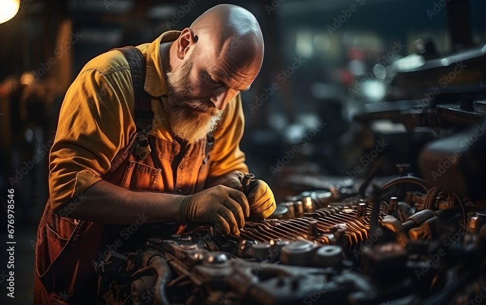 A mechanic is working on a car's broken engine in a garage, performing maintenance with a wrench,