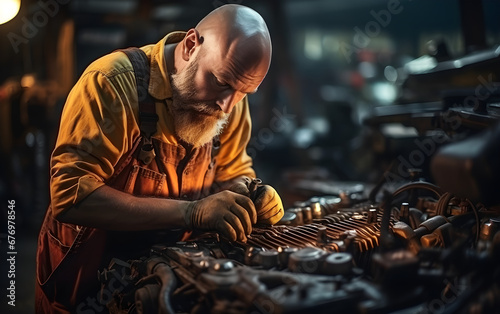 A mechanic is working on a car's broken engine in a garage, performing maintenance with a wrench,