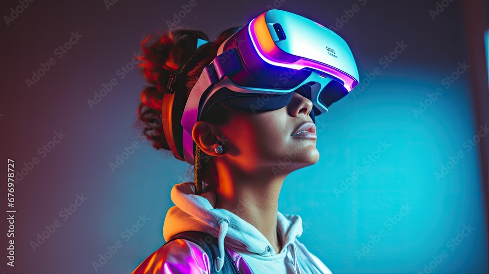 Portrait of a woman using VR Virtual Reality headset in the abstract cyberpunk colorful virtual purple violet pink and blue neon room background. Holographic hologram color tone. Portrait of a woman using VR Virtual Reality headset in the abstract cyberpunk colorful virtual purple violet pink and blue neon room background. Holographic hologram color tone.