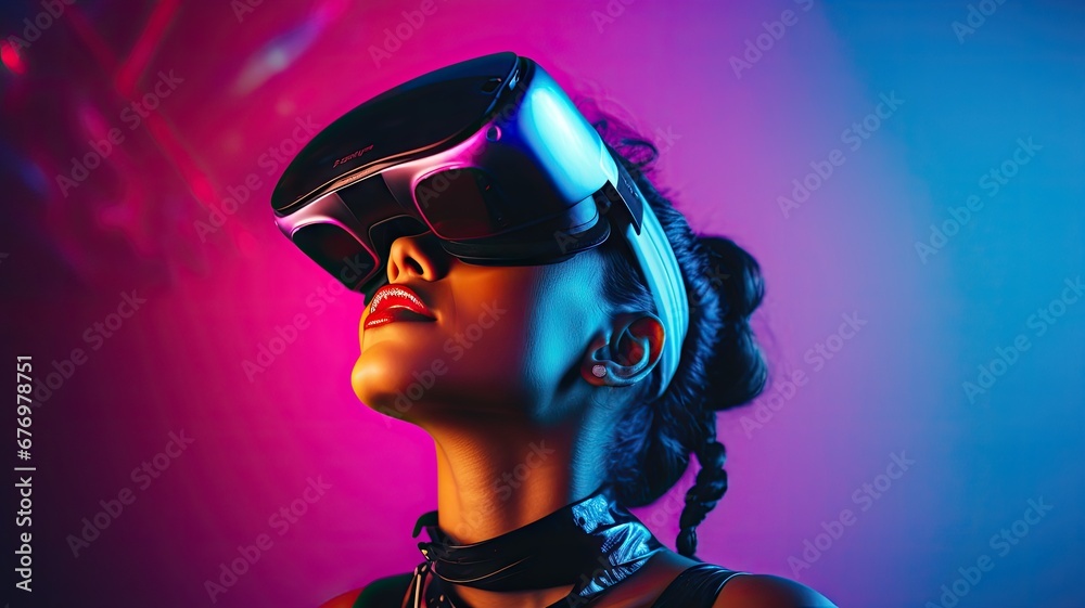 Portrait of a woman using VR Virtual Reality headset in the abstract cyberpunk colorful virtual purple violet pink and blue neon room background. Holographic hologram color tone. Portrait of a woman using VR Virtual Reality headset in the abstract cyberpunk colorful virtual purple violet pink and blue neon room background. Holographic hologram color tone.