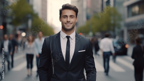 portrait of a handsome smiling Caucasian young businessman boss in a black suit walking on a city street to his company office. blurry street background  confident