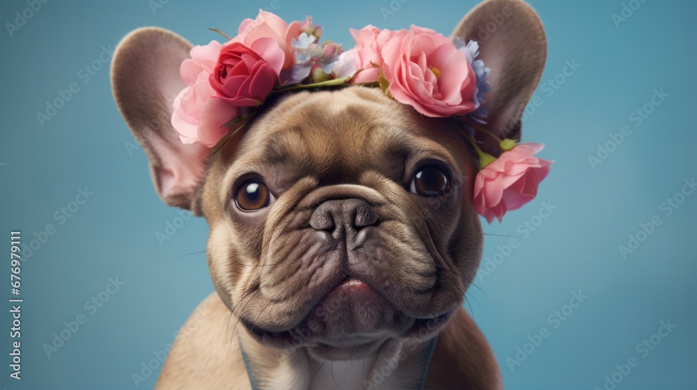 Cute Frenchie. Close up fashionable portrait of French bulldog puppy mascot with flowers on head. Minimal humorous concept of cuddly dog character  and spring flowers