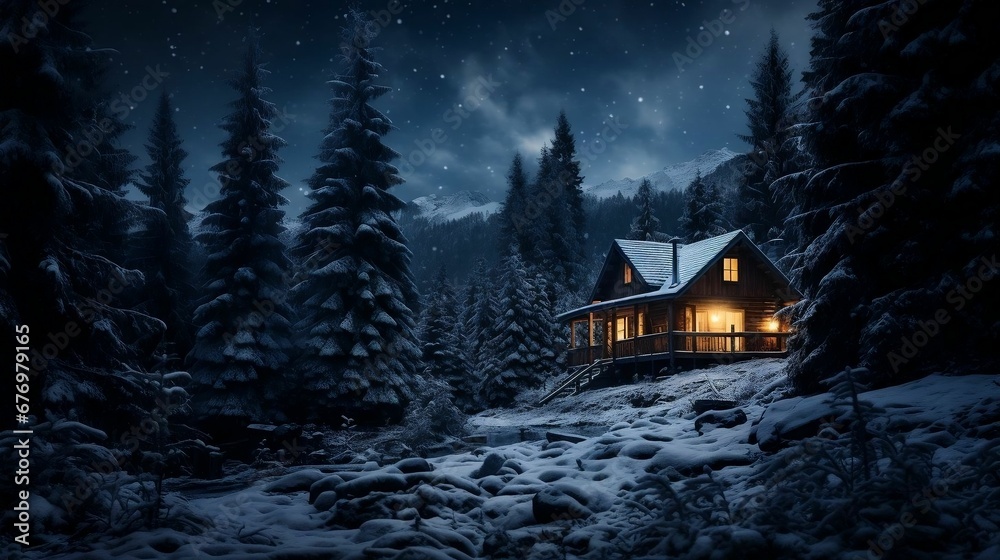 A lone cabin nestled in a snowy forest
