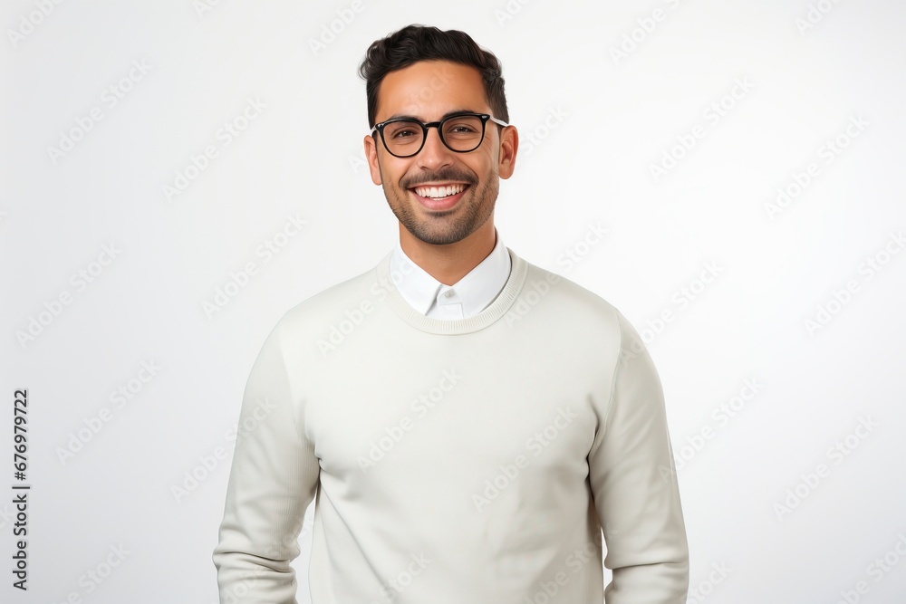 Image of young asian woman company worker in glasses smiling and holding digital tablet standing over white background, generative ai Image of young asian woman company worker in glasses smiling and holding digital tablet standing over white background, generative ai