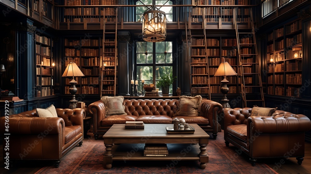 A library with a reading room filled with leather-bound books.