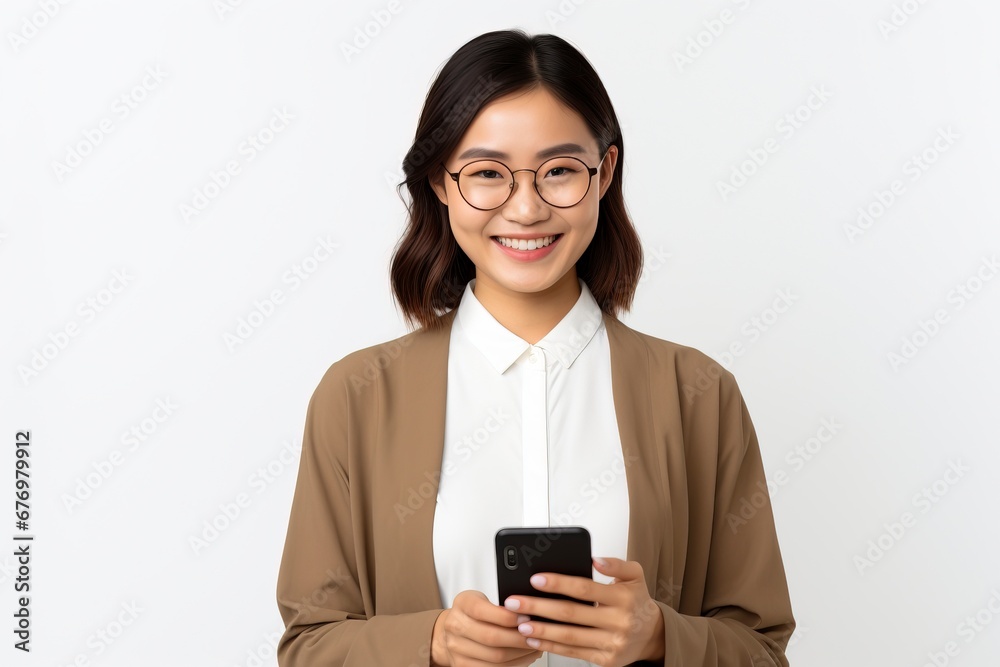 Image of young asian woman company worker in glasses smiling and holding digital tablet standing over white background, generative ai Image of young asian woman company worker in glasses smiling and holding digital tablet standing over white background, generative ai