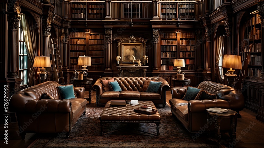 A library with a reading room filled with leather-bound books. - obrazy, fototapety, plakaty 