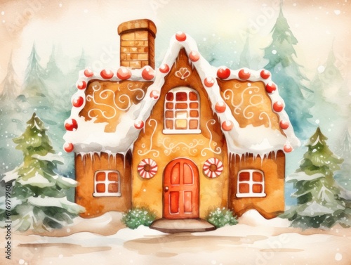 Gingerbread house. Christmas watercolor illustration. Card background frame.
