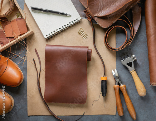 Workplace of leather goods worker, handbag or shoe manufacturing industry, flat lay
