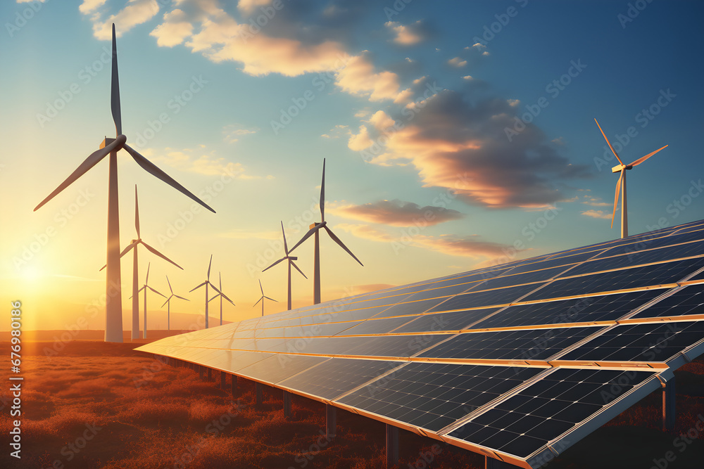 At sunset, a solar power plant and wind turbines operate under a blue sky, showcasing the concept of eco-friendly and clean energy, At sunset, a solar power plant and wind turbines operate under a blue sky, showcasing the concept of eco-friendly and clean energy,