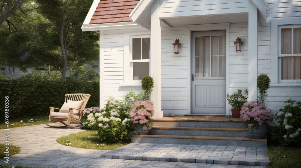 Front entrance to a classic country house. Family cottage, minimalistic and cozy exterior, summer, sunny. Creative concept for a mortgage and moving to a country home. 