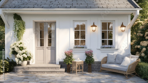 Front entrance to a classic country house. Family cottage, minimalistic and cozy exterior, summer, sunny. Creative concept for a mortgage and moving to a country home.  © IndigoElf