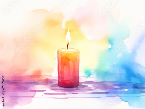 Colored candle. Christmas watercolor illustration. Card background frame.