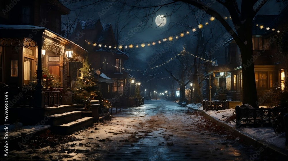 A hushed street, softly lit by the moon's glow
