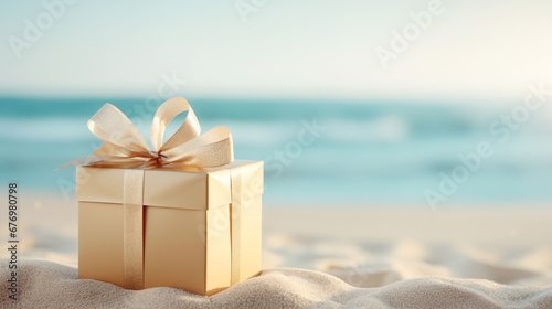Golden gift box with a bow on a sandy beach near the ocean