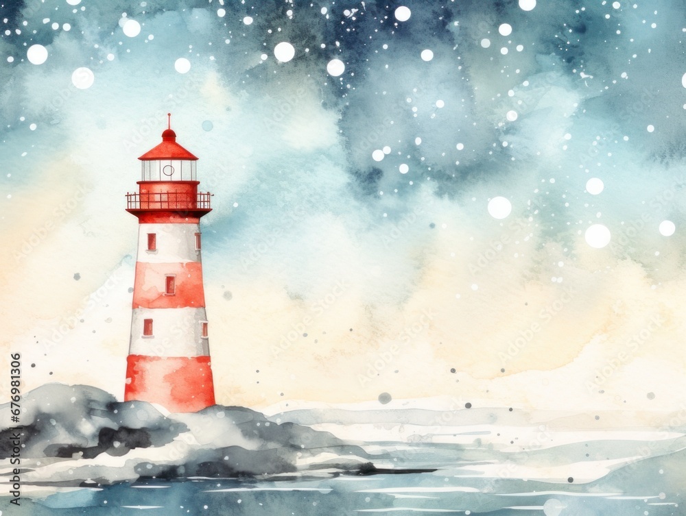 Red lighthouse. Christmas watercolor illustration. Card background frame. Copy space.