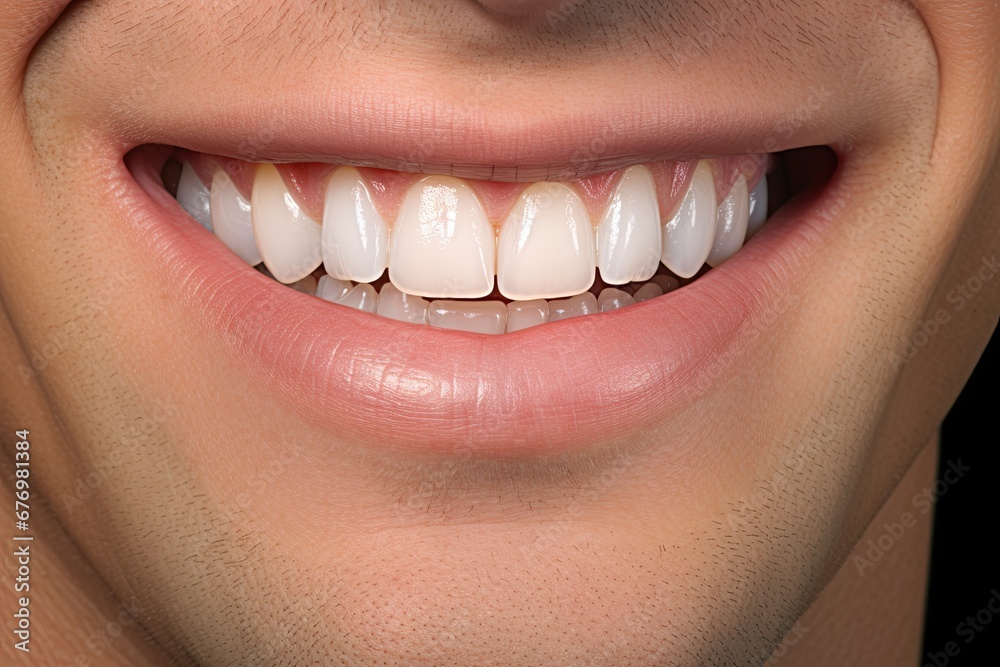 Fototapeta premium Grin after total smile makeover with ceramic restorations. Capture the dramatic change with close up photos of upper front teeth. Generative AI