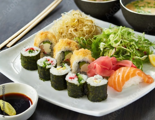 Assortiment de Sushi et Tempura sur Assiette Élégante