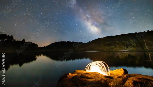 Obraz na płótnie Voie Lactée au-dessus d'un Lac avec Effet Lumineux w salonie